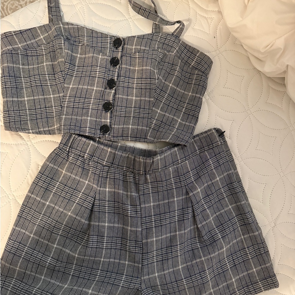 Good Luck Gem Gray and White Plaid Skirt Set Casual